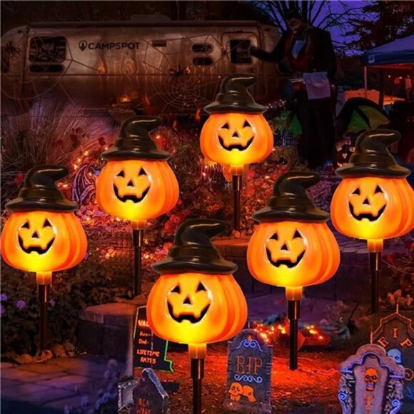 6 Pack Solar Jack O Lantern Stake String Lights - Orange Halloween Pathway - Picture 1 of 8